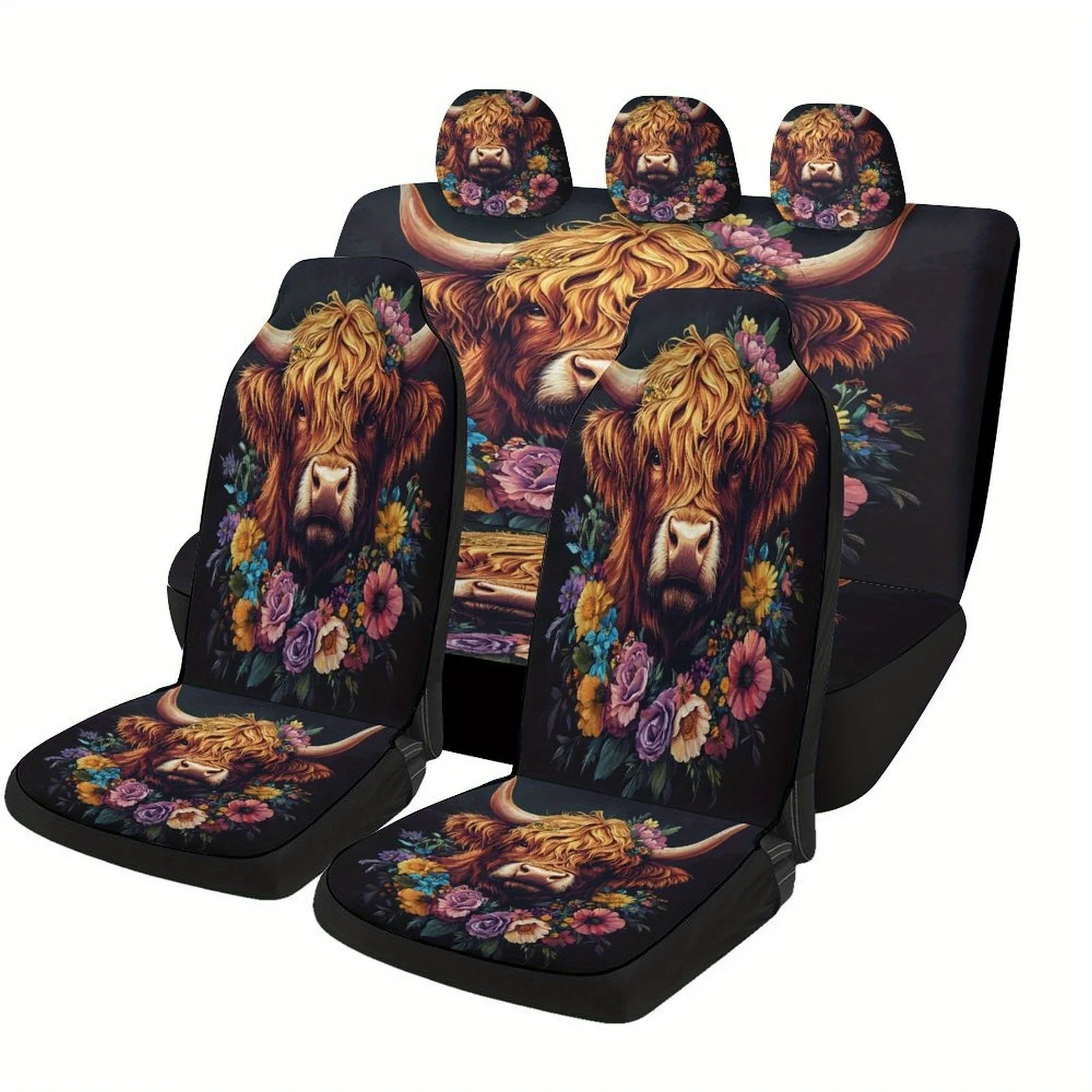

Floral Highland Cow Themed Car Seat Cover Set For Most Cars, Fashionable And Novelty Full Set, Universal Car Seat Covers For 2 F