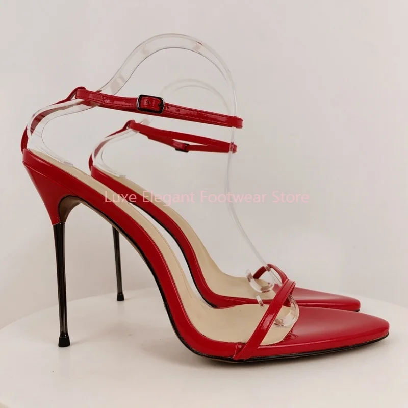 Red Ankle Wrap Pointed Toe Metal Heel High Heels Women Solid Buckle Strap High Heels Fashion Trendy Party Club Summer Shoes New
