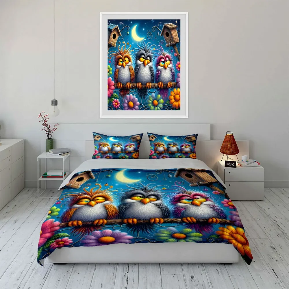 Colorful Owl Trio Wall Art Multiple sizes kid's and adults' bedroom Exquisite 3PC bedding set, gift