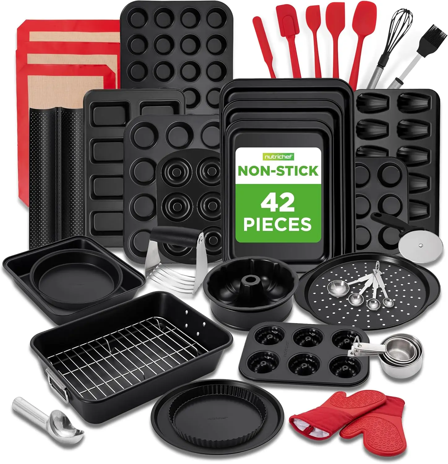 

42-Piece Nonstick Bakeware Set with Carbon Steel Pans, Baking Tools & Oven Mitts for Delicious Treats