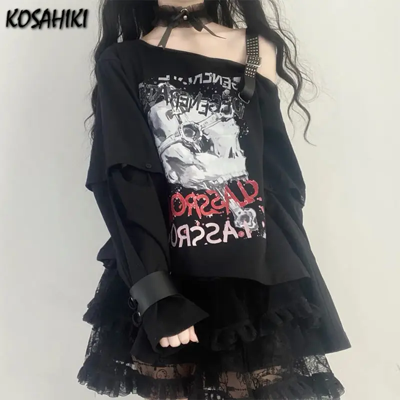 KOSAHIKI Y2k T-shirt Women Harajuku Black Vintage Tops Skull Print Off Shoulder Belted Tee Shirt Summer 2024 Japan Streetwear