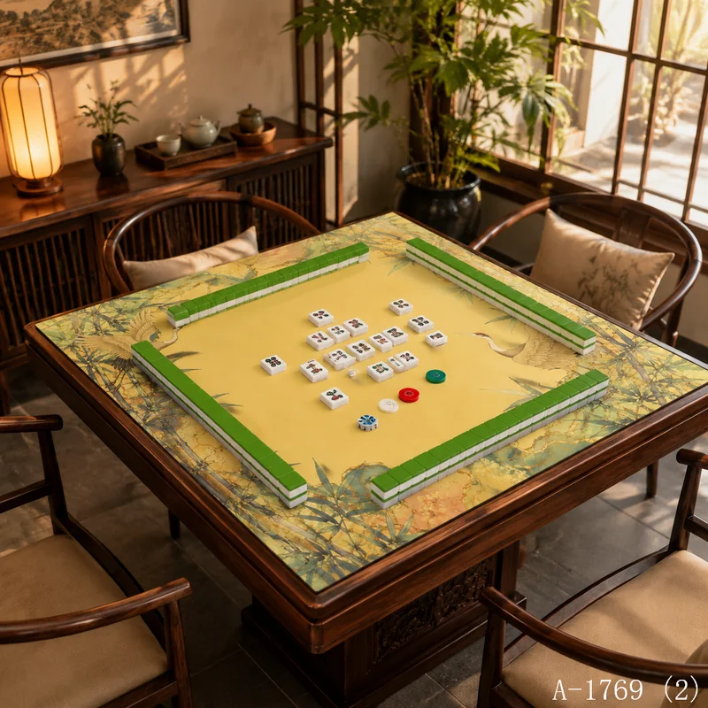 VIKAMA Vintage Ink Chinese Bamboo Crane Mahjong Mat Silent Non Slip Foldable Square Game Pad Chinoiserie Zen Desktop Decor