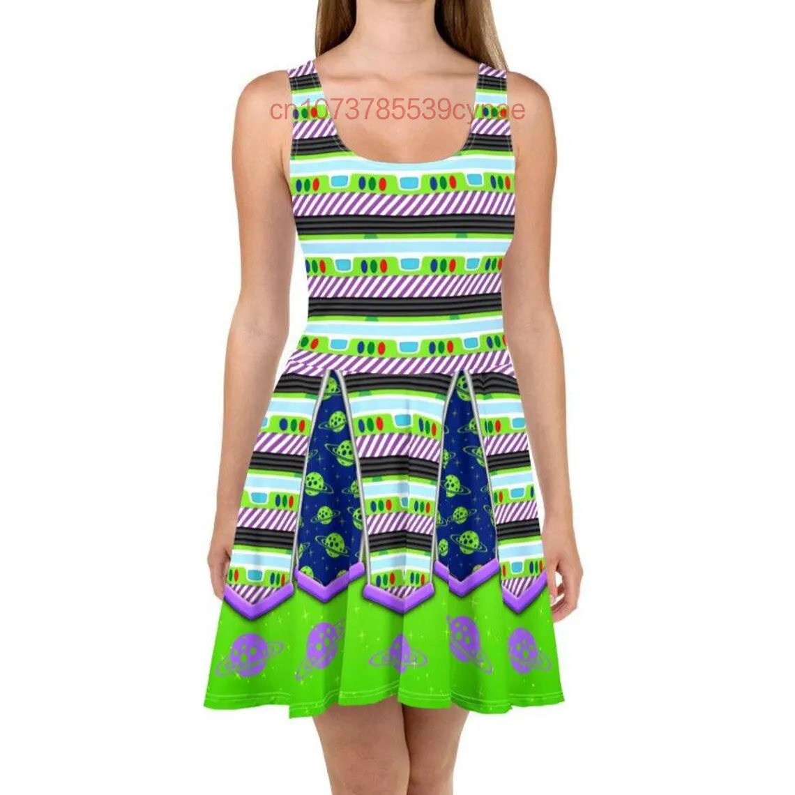 New Buzz Lightyear Skater Dress for Women Round Neck Sleeveless Fashion Cosplay Alphabet Print Lightweight Party Dress