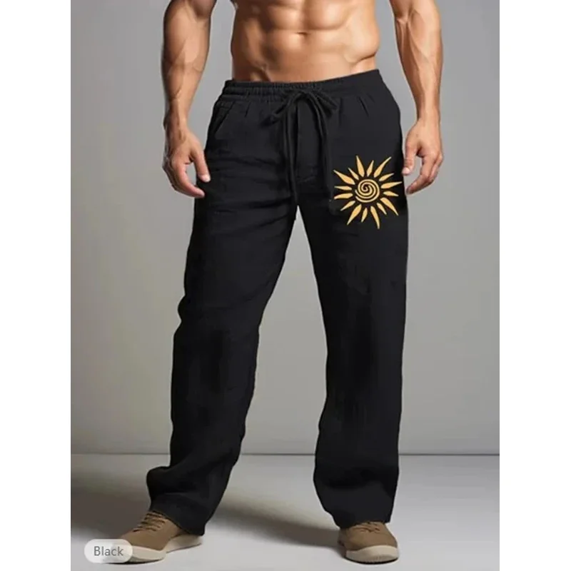 

Новые мужские черные льняные брюки на шнурке с солнце-мотивом, летние брюки 2026, 6XL