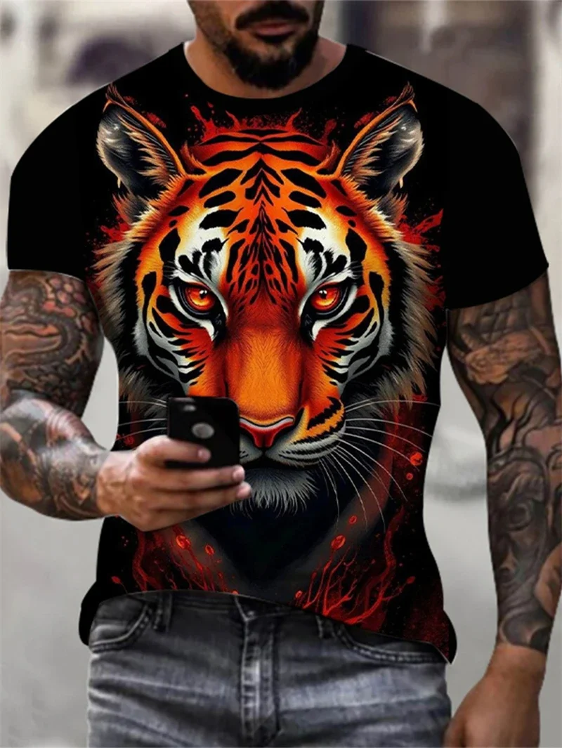 3D-Tiger-Bedrucktes Herren-T-Shirt Lustiges Tier-Grafik-T-Shirt Sommer Lässiger Rundhals Kurzarm Trend Street Herrenkleidung