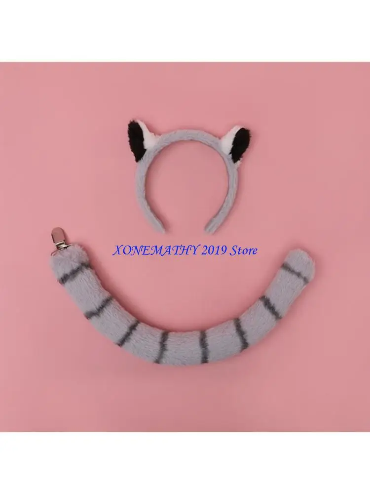 

F42F Лолита, пушистый головной убор, комплект с ушками и хвостом в виде животных, лемуров, костюм для косплея, аксессуар для