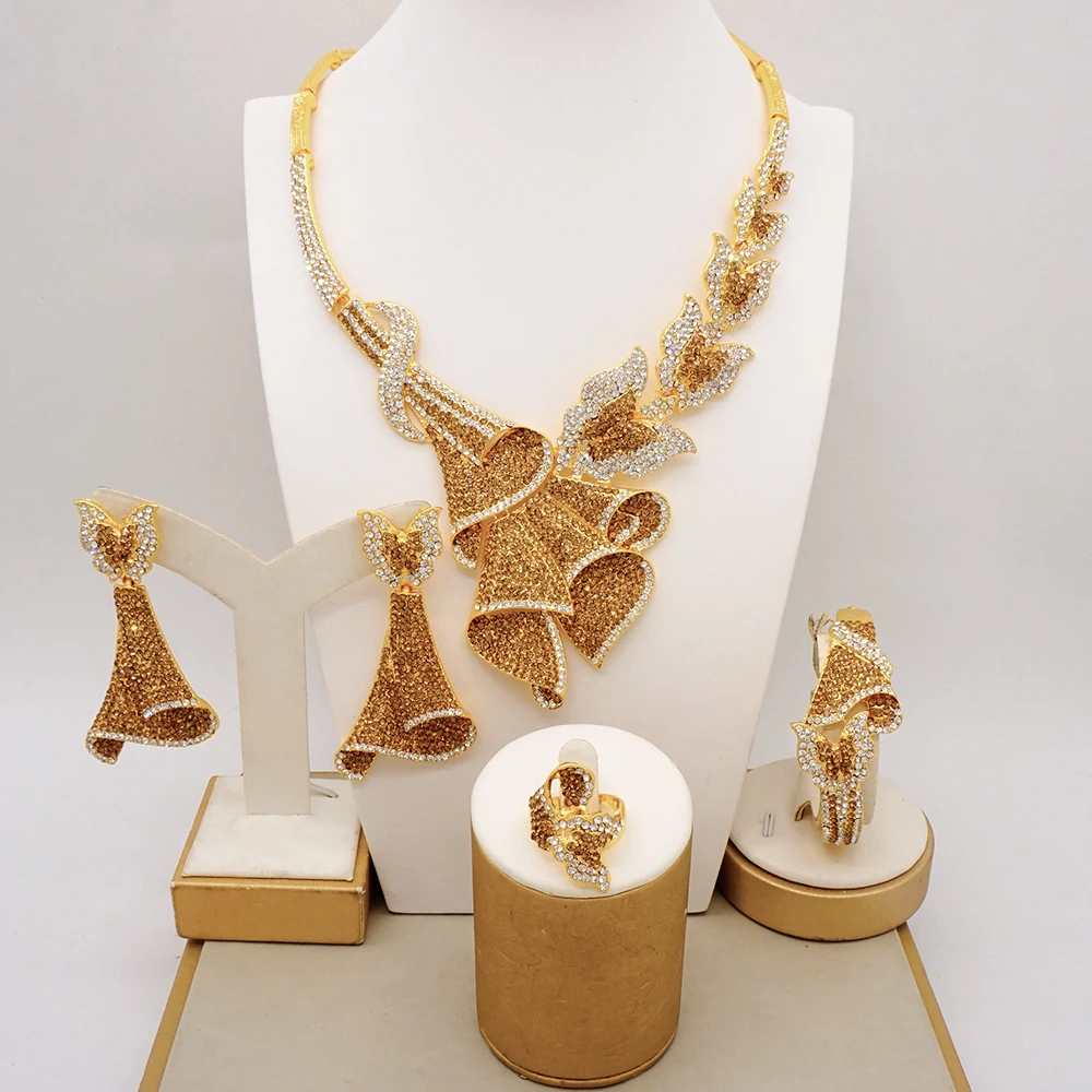 Latest Italian Dubai Gold Color Ladies Full Crystal Necklace Jewelry Set Simple Ring Bracelet Earrings African Jewelry Wedding