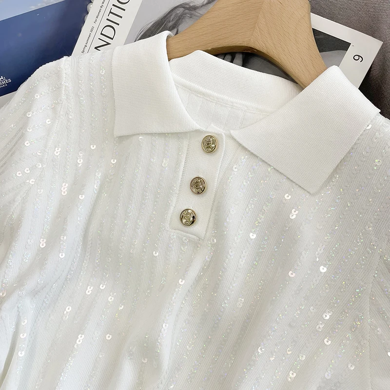 T-shirt ort Sve lavorata a maglia in seta di ghiaccio slim fit T-shirt estiva da donna New Sle a vita alta Ne Pullover Faionable Bright Paillettes