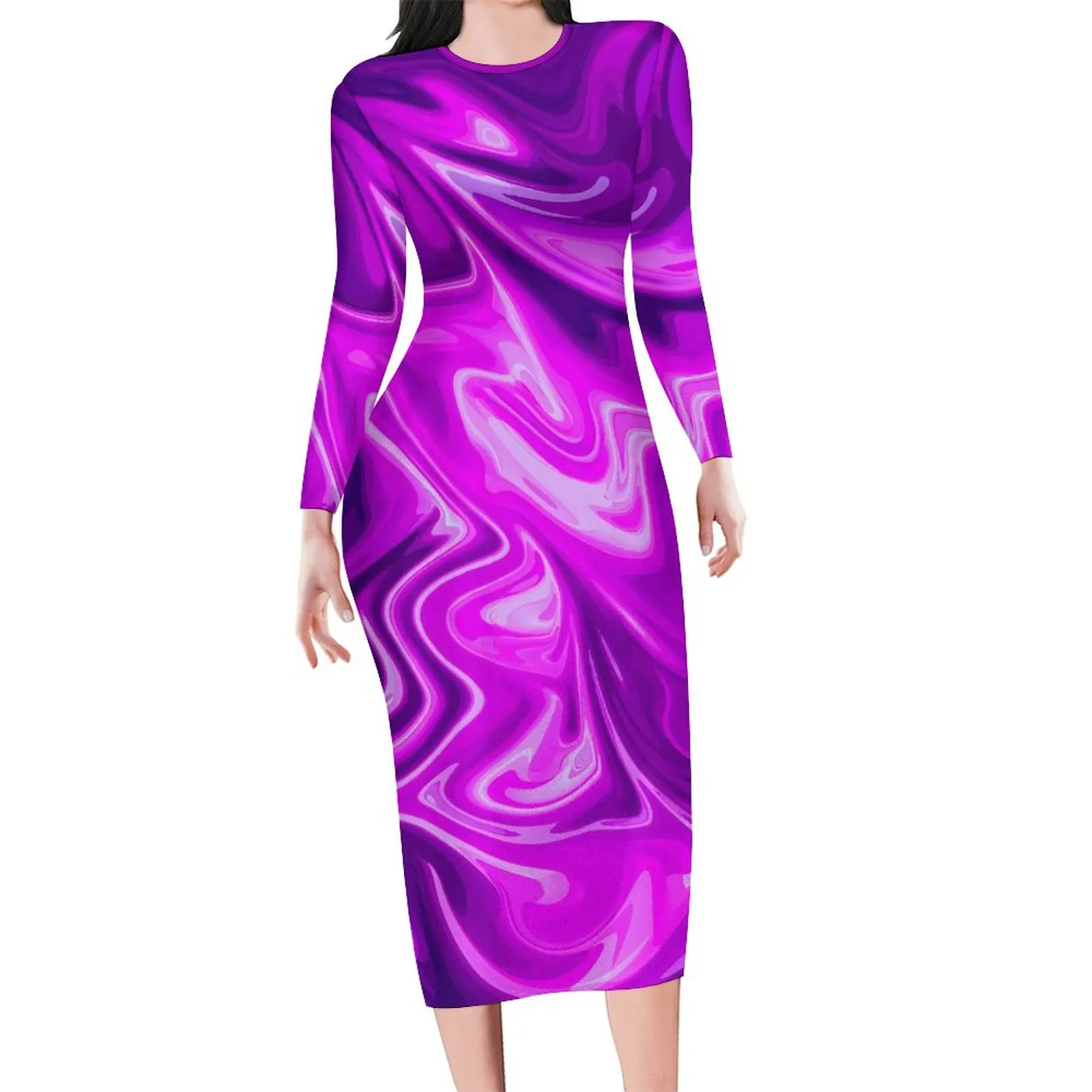 Purple Marble Print Bodycon Dress Spring Abstract Liquid Vintage Dresses Ladies Long Sleeve Korean Fashion Dress Large Size