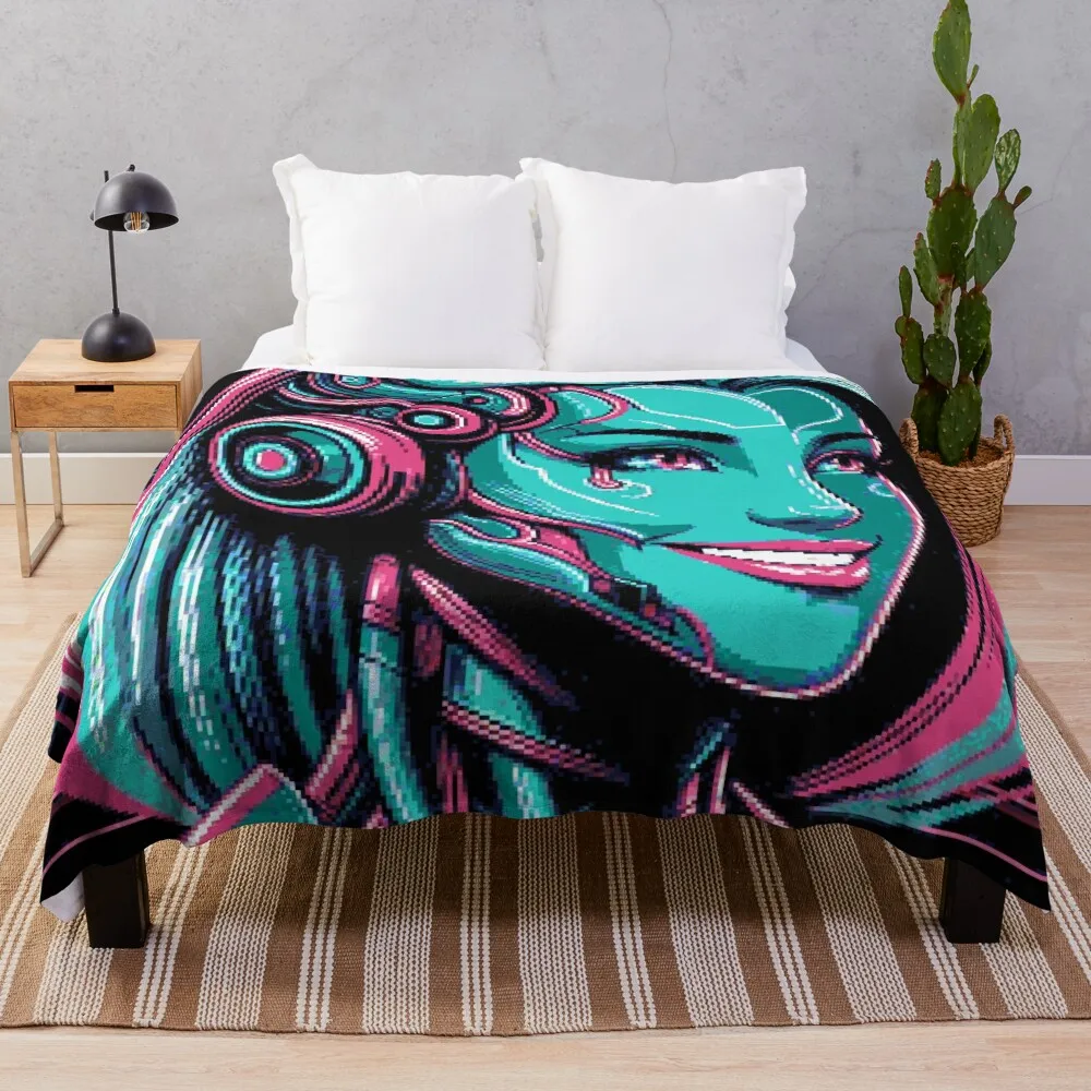 

Pixel Art Neon Cyber Girl Portrait #03 Throw Blanket Single For Decorative Sofa Blankets