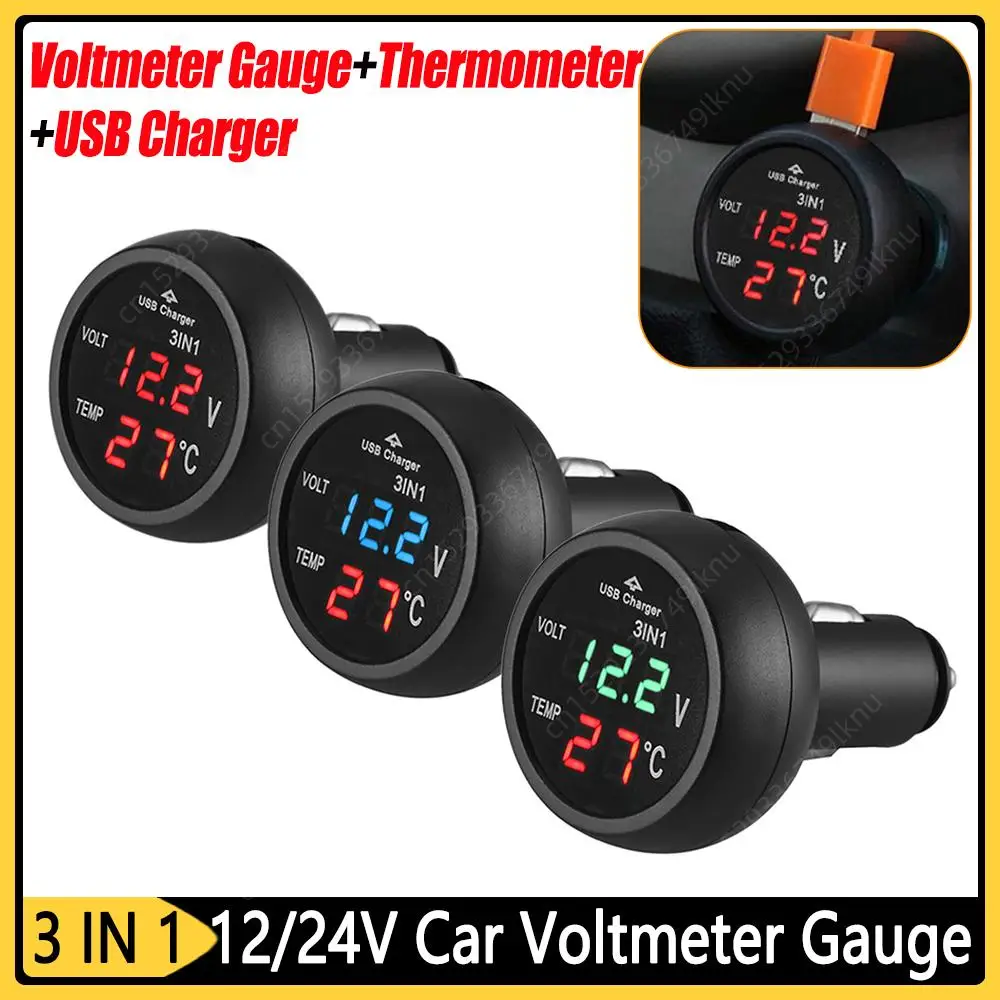 Car Charger 3in1 12/24V Voltmeter Thermometer USB Charger Switch Auto LED Digital Monitor Display Current Meter Volt Detector