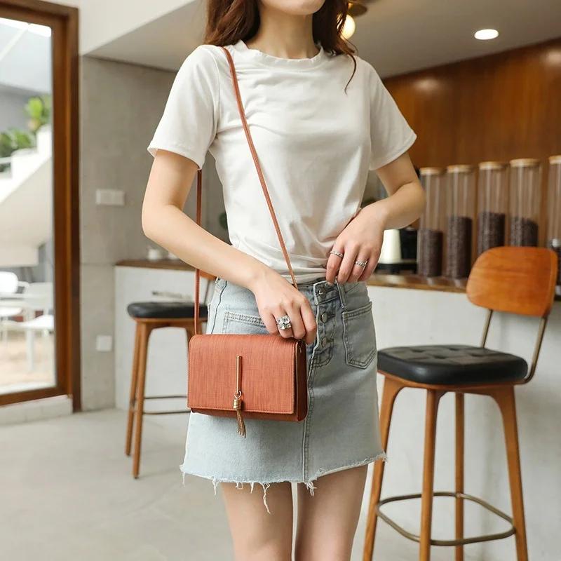 2024 Fashion Women Ladies Crossbody Handbags Solid Simple Small PU Leather Tassel Decor Casual Cellphone Shoulder Bags Purse image 4