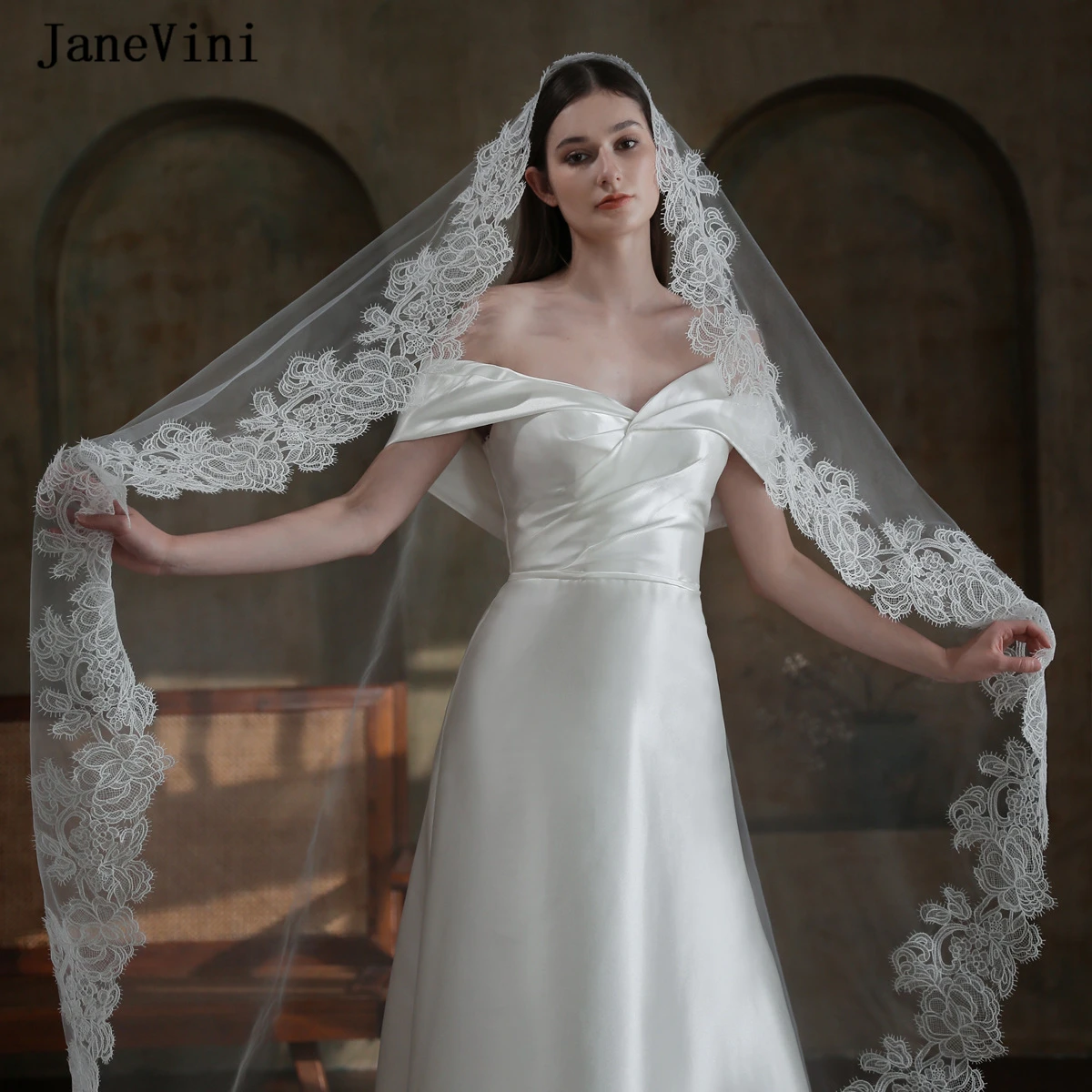 JaneVini-Voile de mariée long européen avec peigne, une couche, bord en dentelle, tulle, élégant, accessoires pour cheveux de mariage, luxe, patients, 2023