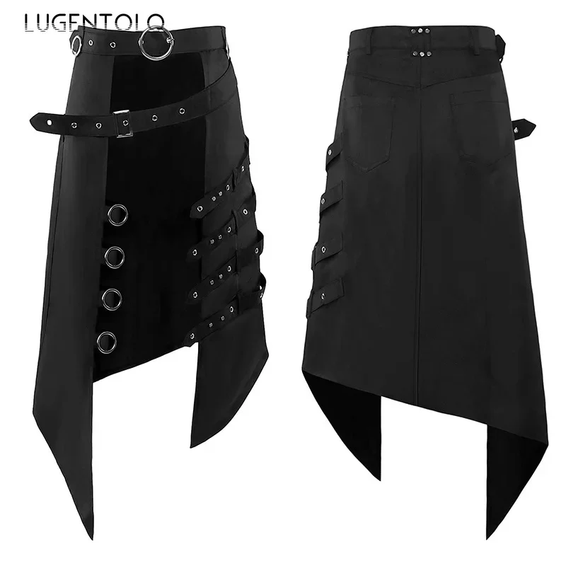 Lugentolo Men Rock Punk Skirt Dark Black Steam Gothic Asymmetrical Ring Party Women New Casual Vintage Fashion Trend Skirts