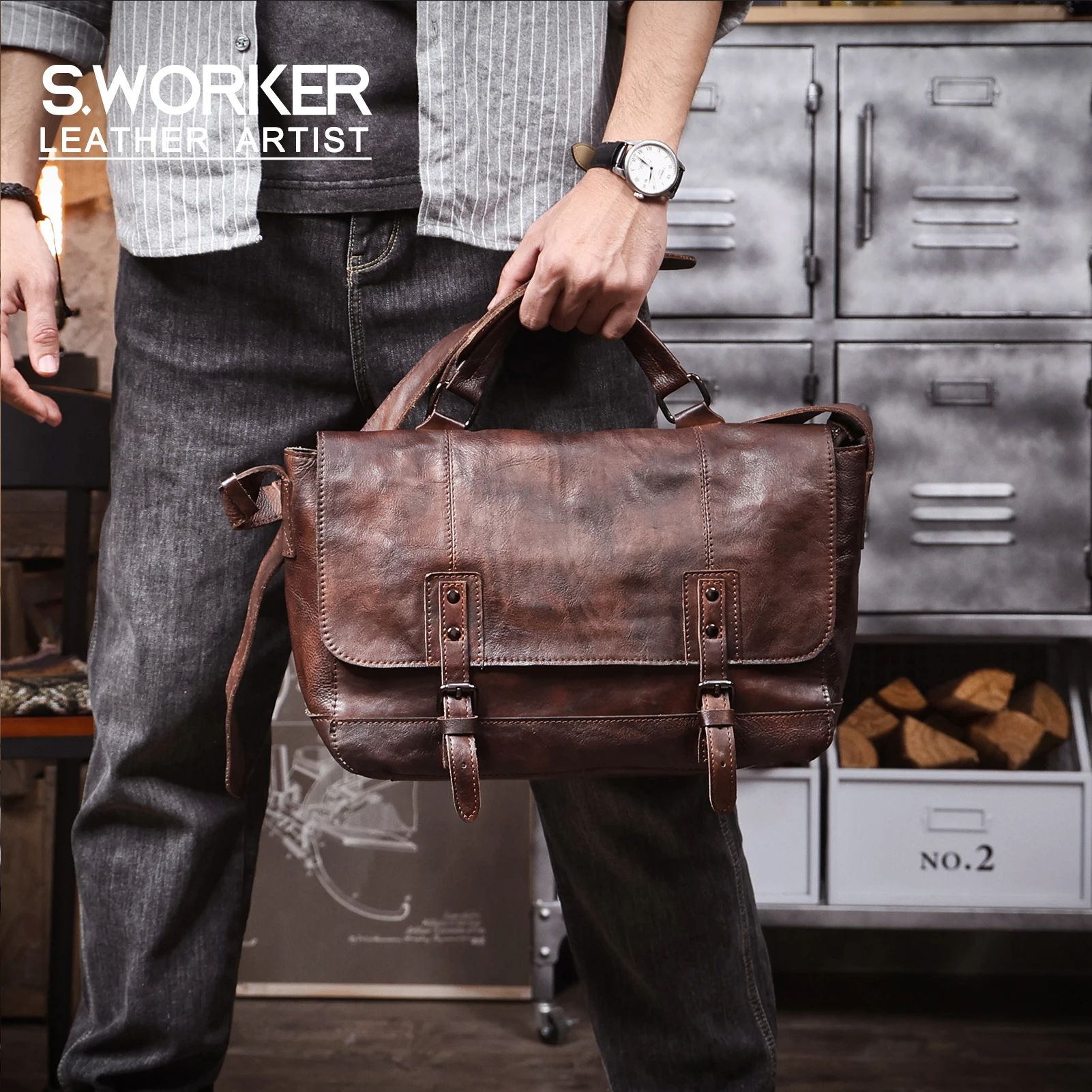 Vintage Herren-Umhängetasche aus hochwertigem Leder, lässige Messenger-Tasche, große horizontale quadratische Schultertasche – Detail 2