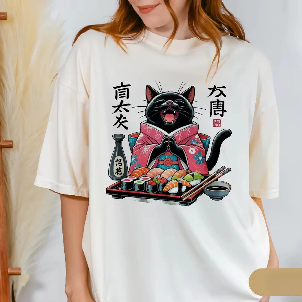 Sushi Loving Cat Graphic Tee Japanese Style Black Kitten Kawaii Food Lover Gift Women Men Fashion Top Cotton Short-sleeve