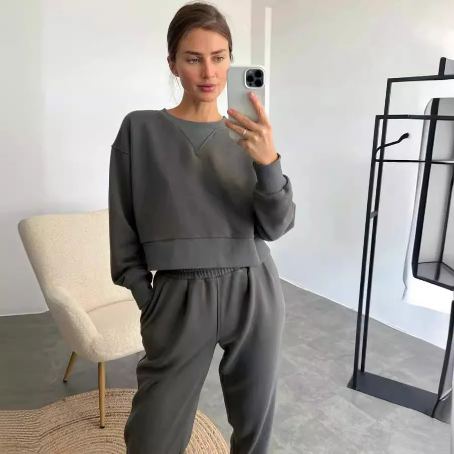Girocollo Sport Moda Casual Allentato Autunno Felpa Abbigliamento Manica lunga Ombelico Pantaloni con coulisse Palestra Fitness Streetwear