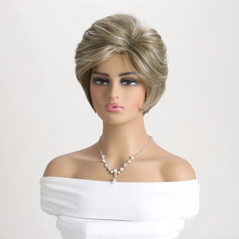 Synthetic Flax Brown Mixed Light Gold Wigs for Women Short Pixie Cut Hair Wigs With Bangs Party Daily Use Wig Heat Resistant