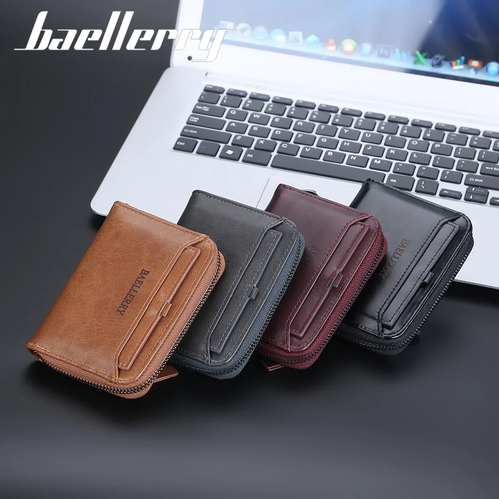 Baellerry-cartera corta de cuero Pu para hombre, billetera con cremallera Vertical, Vintage, juvenil, pequeña