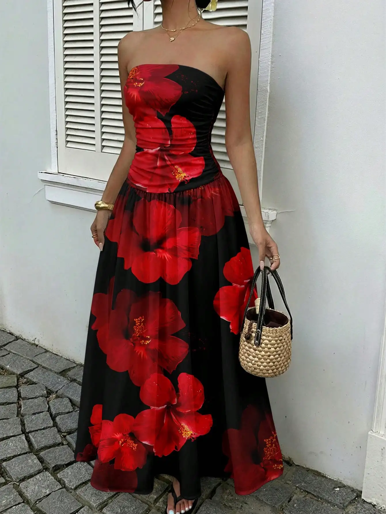 

Strapless Polka Dot Maxi Dress For Women, Sleeveless A-Line Flared Knit With Pockets In Black White Brown