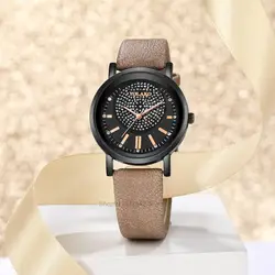 Lujo de las mujeres de la moda Exquisito Relojes Señoras completo de la estrella con diamantes de diseño Relojes de pulsera de cuero de la vendimia de la Mujer de Vestir