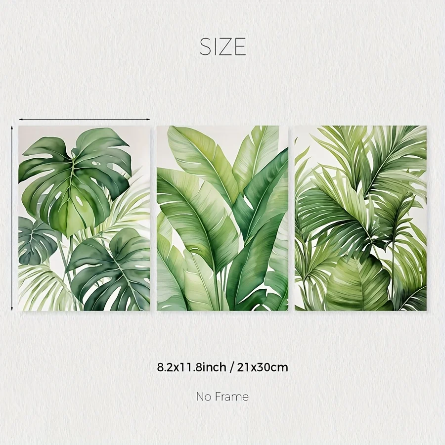 مجموعة مكونة من 3 قطع، بدون إطار، طباعة أوراق ألوان مائية استوائية، لوحة جدارية نباتية، موز، مونستيرا، ملصق أوراق النخيل، ديكور غرفة المعيشة، #6