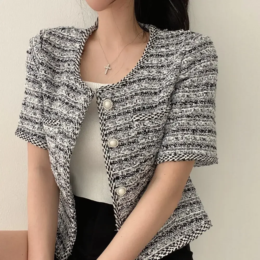 

Chic Korean Style Women's Cardigan Jacket French Nichetweed Pearl Button Round Neck Coarse Tweed Short Sleeves Spring Summer