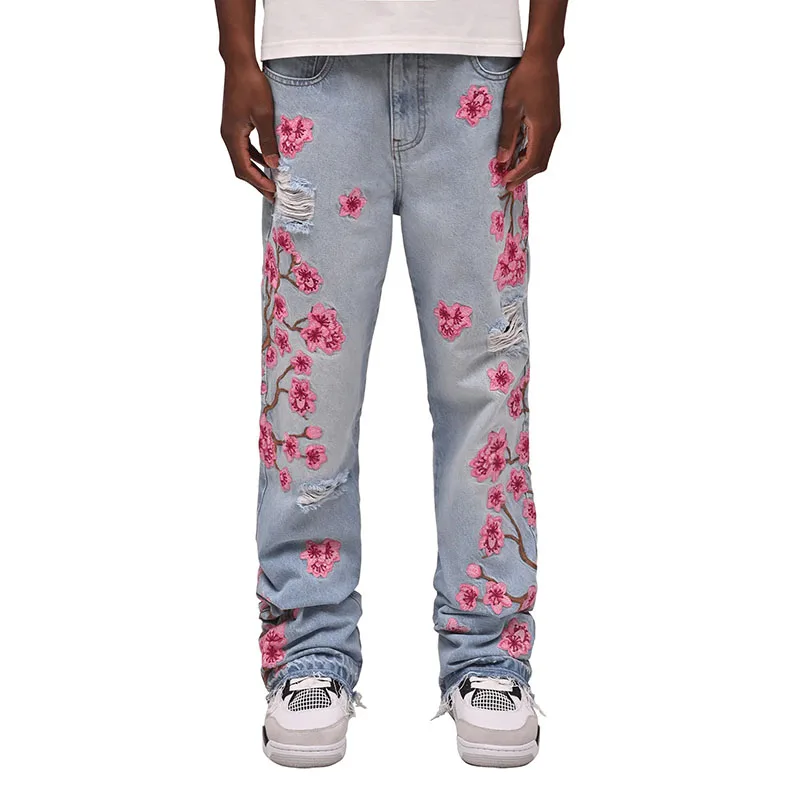 

New Fashion Men Flared Jeans Plum Blossom Embroidery Straight Denim Pants Streetwear High Street Men Bootcut Jeans pantalon