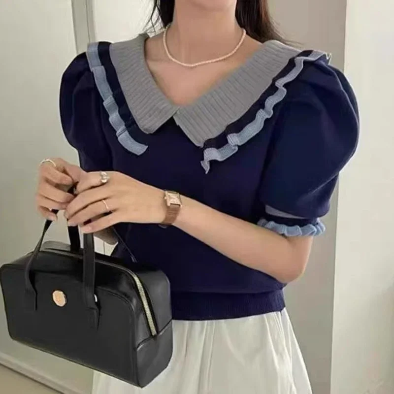 

Лето 2025 г., корейская модная одежда, пуловер с короткими рукавами и цветными блоками, женские вязаные топы, тонкие свитера с v-образным вырезом, Pull Femme