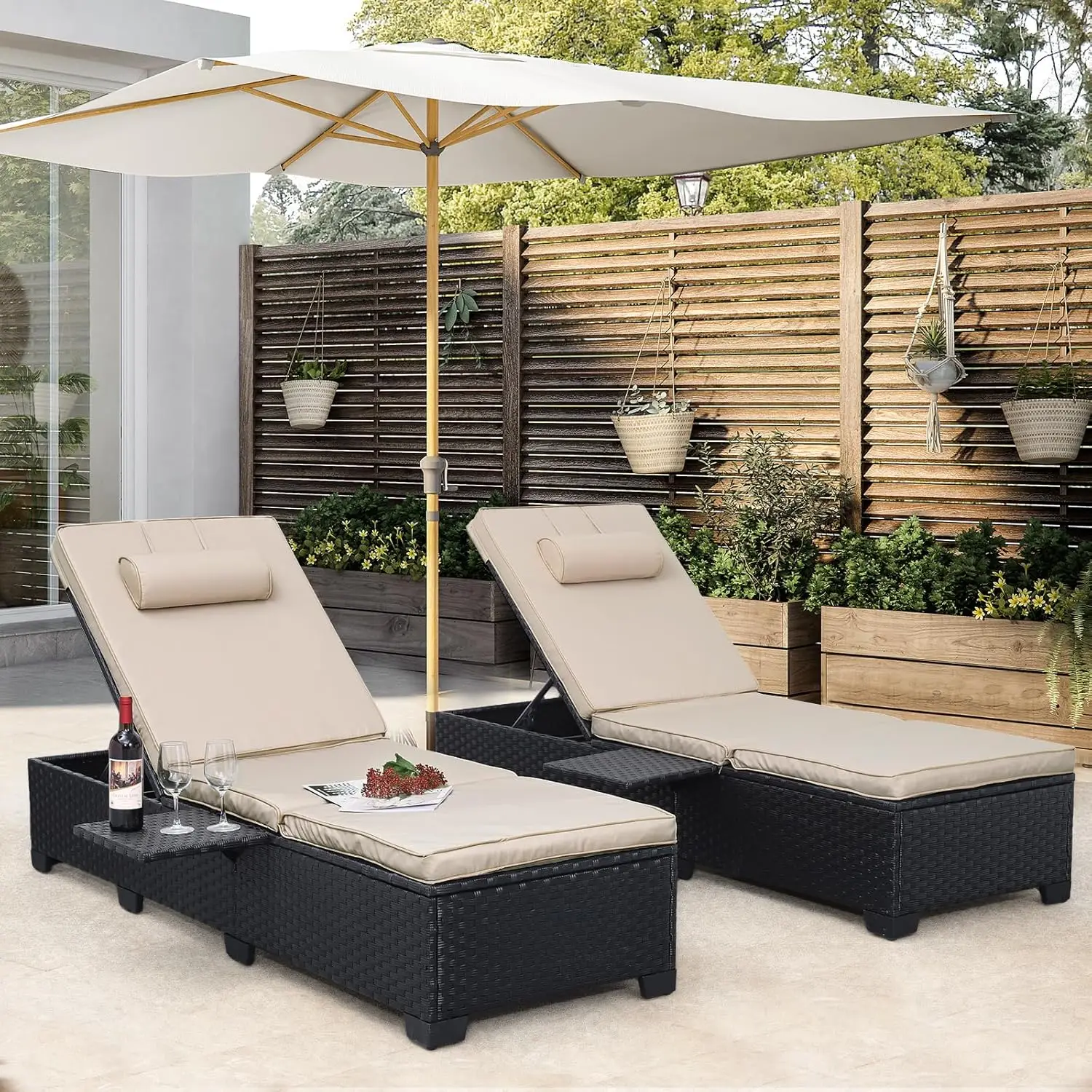 Outdoor  Wicker Chaise Lounge Chairs Set of 2 Patio Black Rattan Reclining Chair Adjustable Backrest Pool Sunbathing Recliners