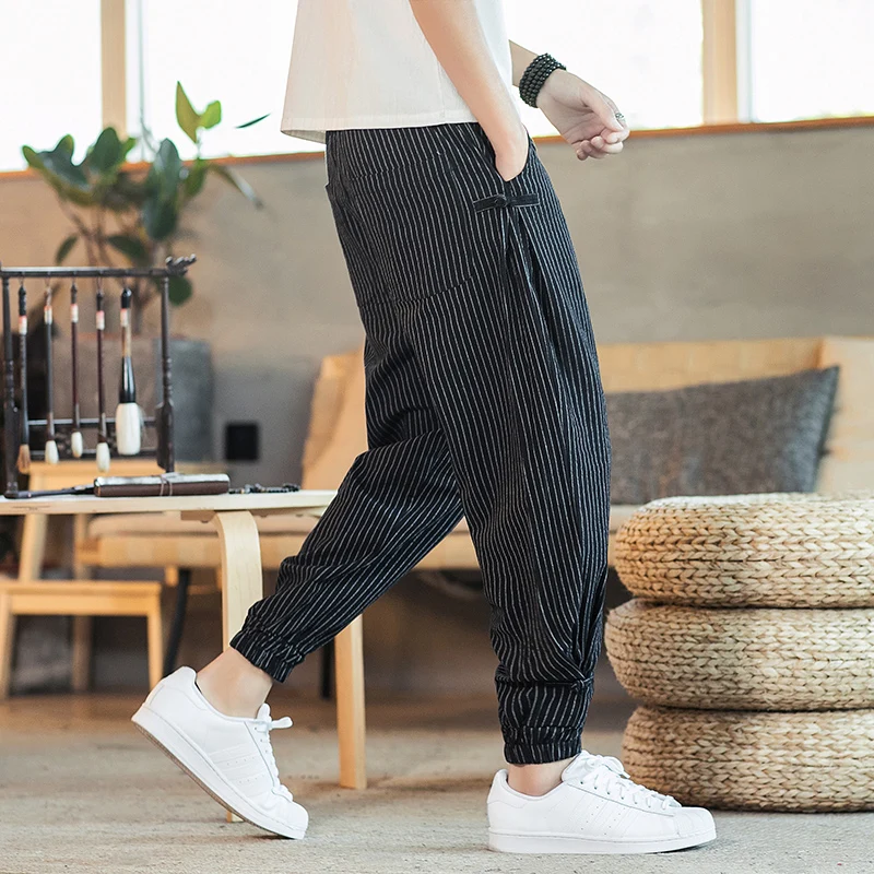 Streetwear Mens Harem Pants Fashion Casual Stripe Men Pants Cotton Linen Trousers Spring Summer Men Woman Sweatpants Big Size