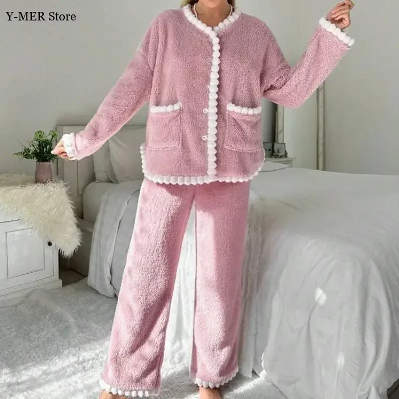 

Pink Coral Fleece Pajamas Suit Autumn and Winter Warm Home Clothing with Pocket Long Sleeve Top Pants Loungewear Nightwear
