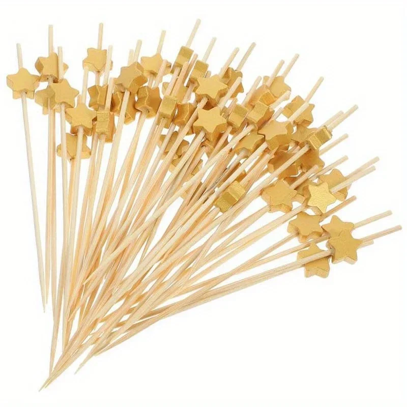 

100Pcs,Gold Stars Disposable Cocktail Picks Handmade Bamboo Skewers Sticks for Drinks Fruit Charcuterie Barbecue