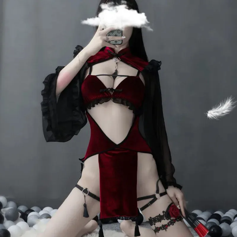 Lencería Sexy de encaje rojo y negro gótico Punk para mujer, tentación de sirvienta, conjunto de ropa de dormir de Cosplay de demonio malvado, disfraces de Halloween