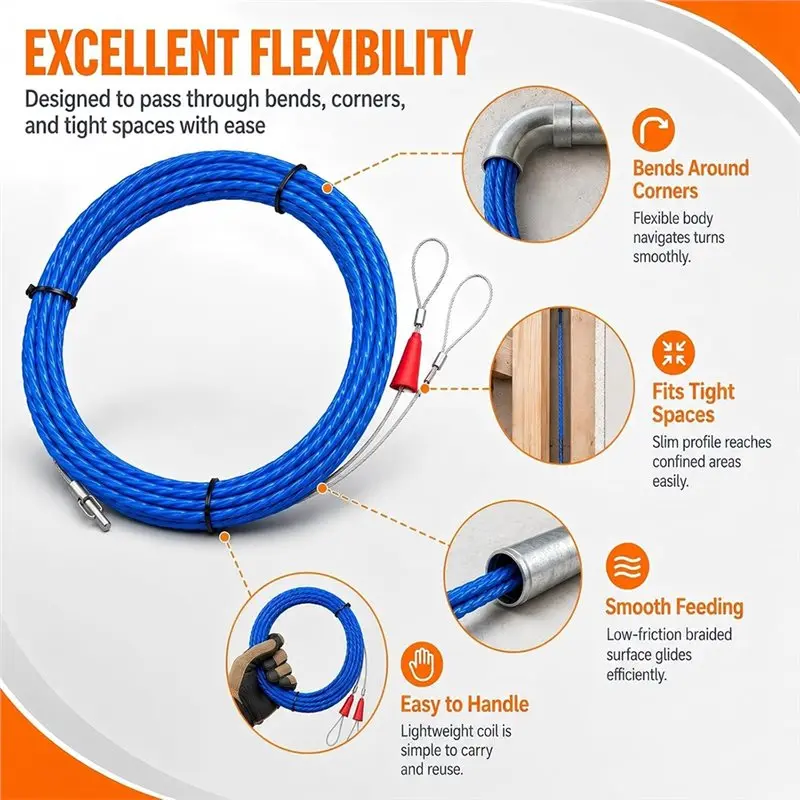 ABKP-Fish Tape Cable Puller Kit Flexible Wire Puller Duct Rodder With Swivel Head Wall Conduit Ceiling Electrical Wiring Work