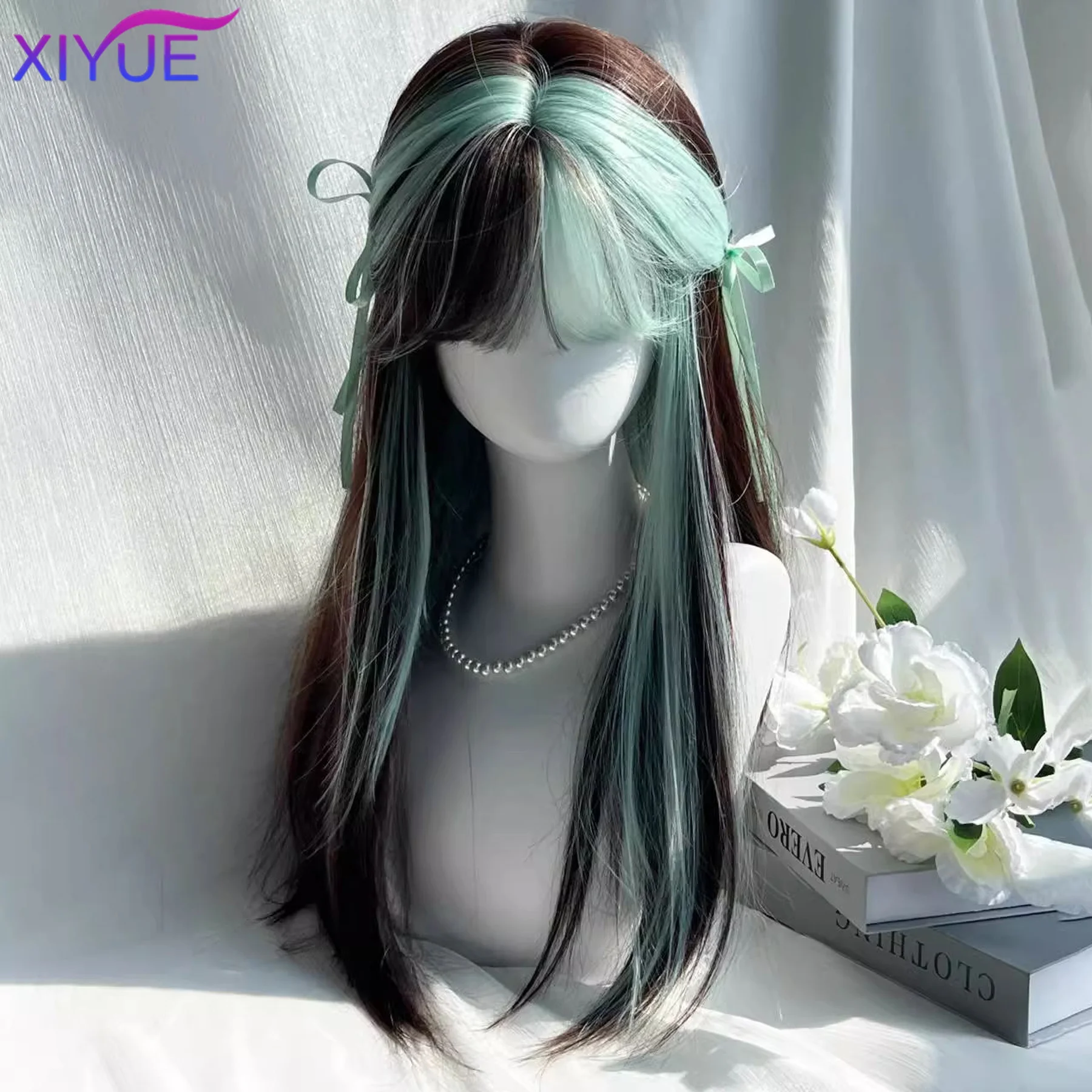 XIYUE Synthetic Long Straight Lolita Wig with Bangs Wig Girl Cute Brown Black Green Ombre Cosplay Party Halloween Harajuku Wig