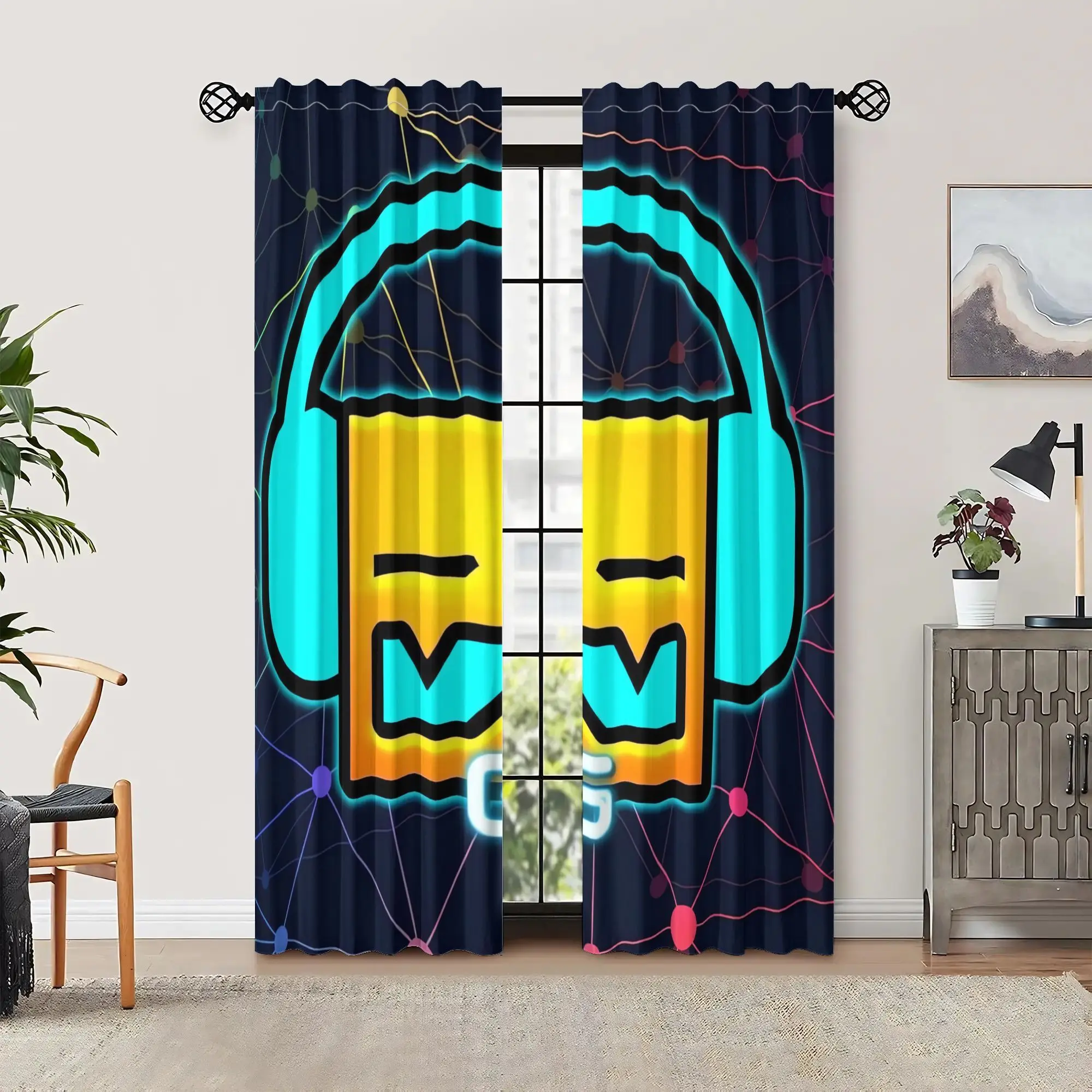 Neon Headphone Face Curtains, Cyberpunk Style Print Drapes for Bedroom, Glowing Music Theme Window Treatment Home Decor