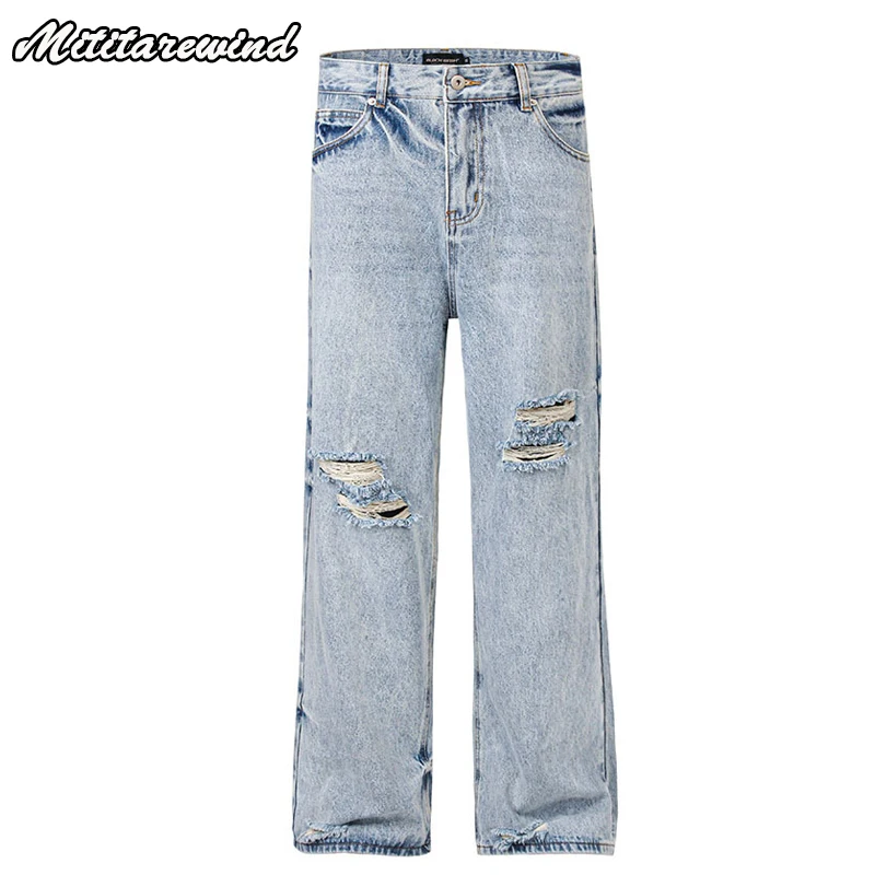 

Hip Hop Streetwear Denim Pants Men Korean Fashion Hole Denim Trousers Casual Straight Washed Retro Oversized Blue Jeans Men