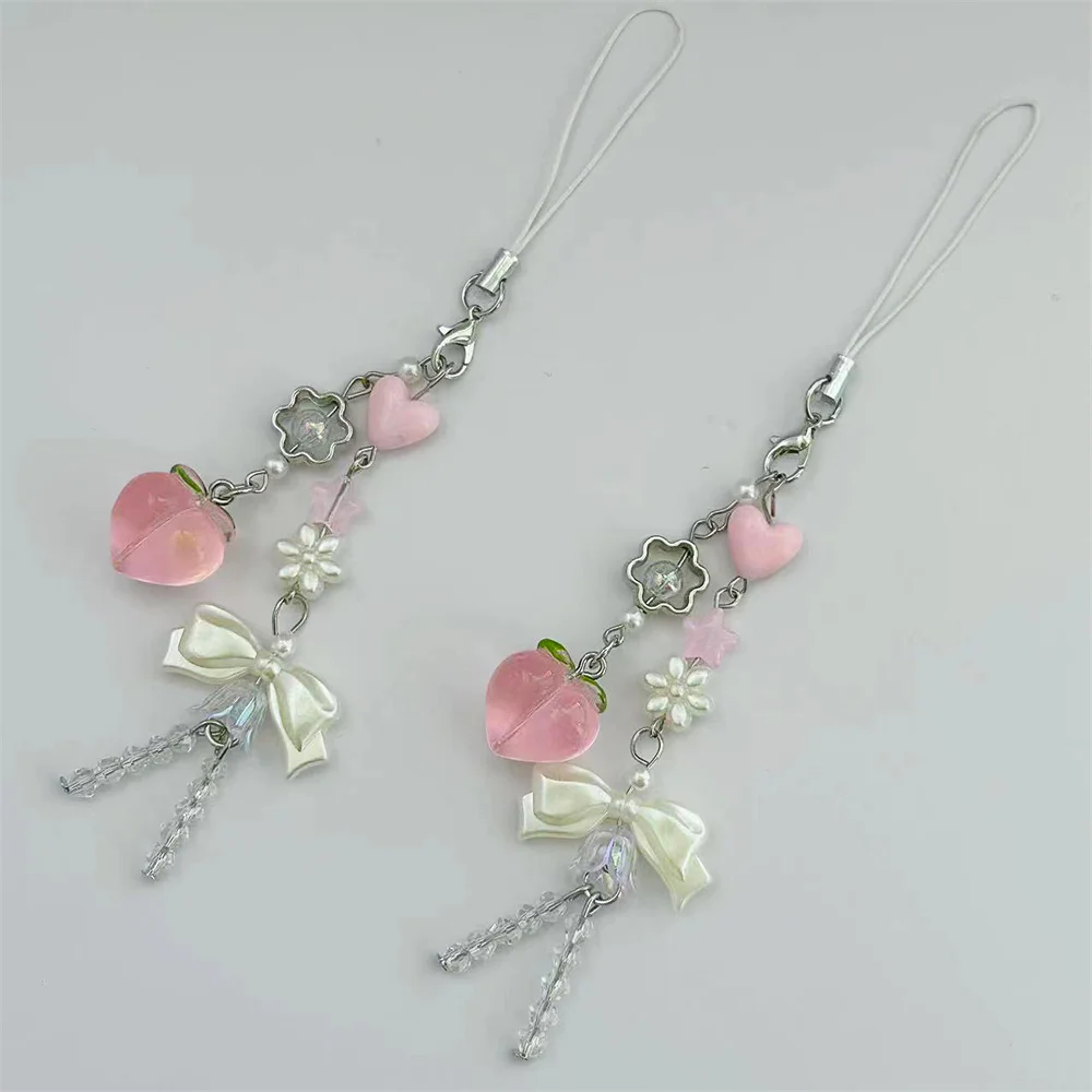 Pink Kawaii Y2K Peach Phone Charms Pendant Cute Bowknot Bead Handmade Sweet Girl Keychain For IPhone Camera New Chain Love Heart