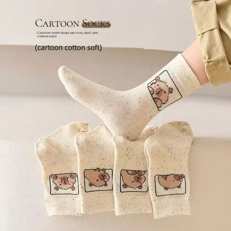 5-15PAirs Soft Cotton Capybara Cartoon Socks Light Color Cute Mid Calf for Girls Boys Baby Toddler Students Daily Casual Wear