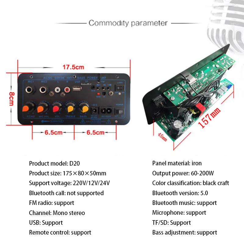A99E-200W Digital Bluetooth Stereo Amplifier Board Subwoofer Dual Microphone Karaoke Amplifiers For 8-12 Inch Speaker