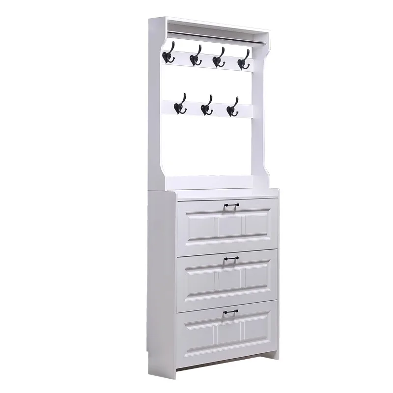 

White ultra-thin shoe cabinet Tipping bucket shoe cabinet Home door with coat rack Simple modern large-capacity storage Small sh