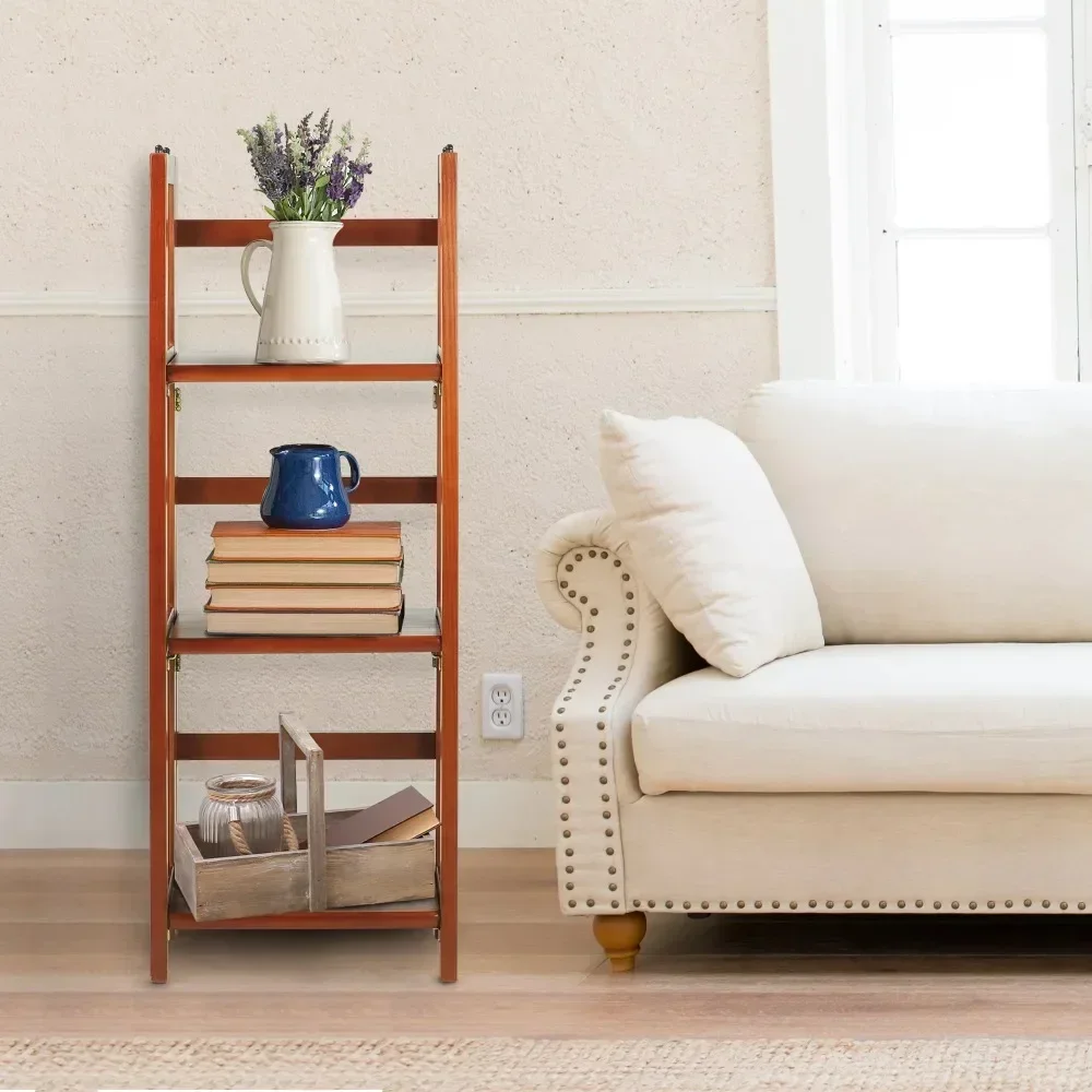 3 Shelf 14 Inch Folding Office Furniture Wood Bookcase, Mahogany Storage Organizer Bookshelf Home