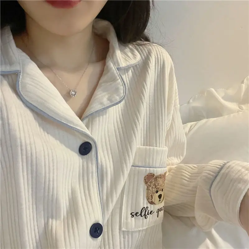 Pajamas Women\'s Autumn and Winter Cardigan Sweet Simple Student Cute Cartoon Spring Loungewear Set