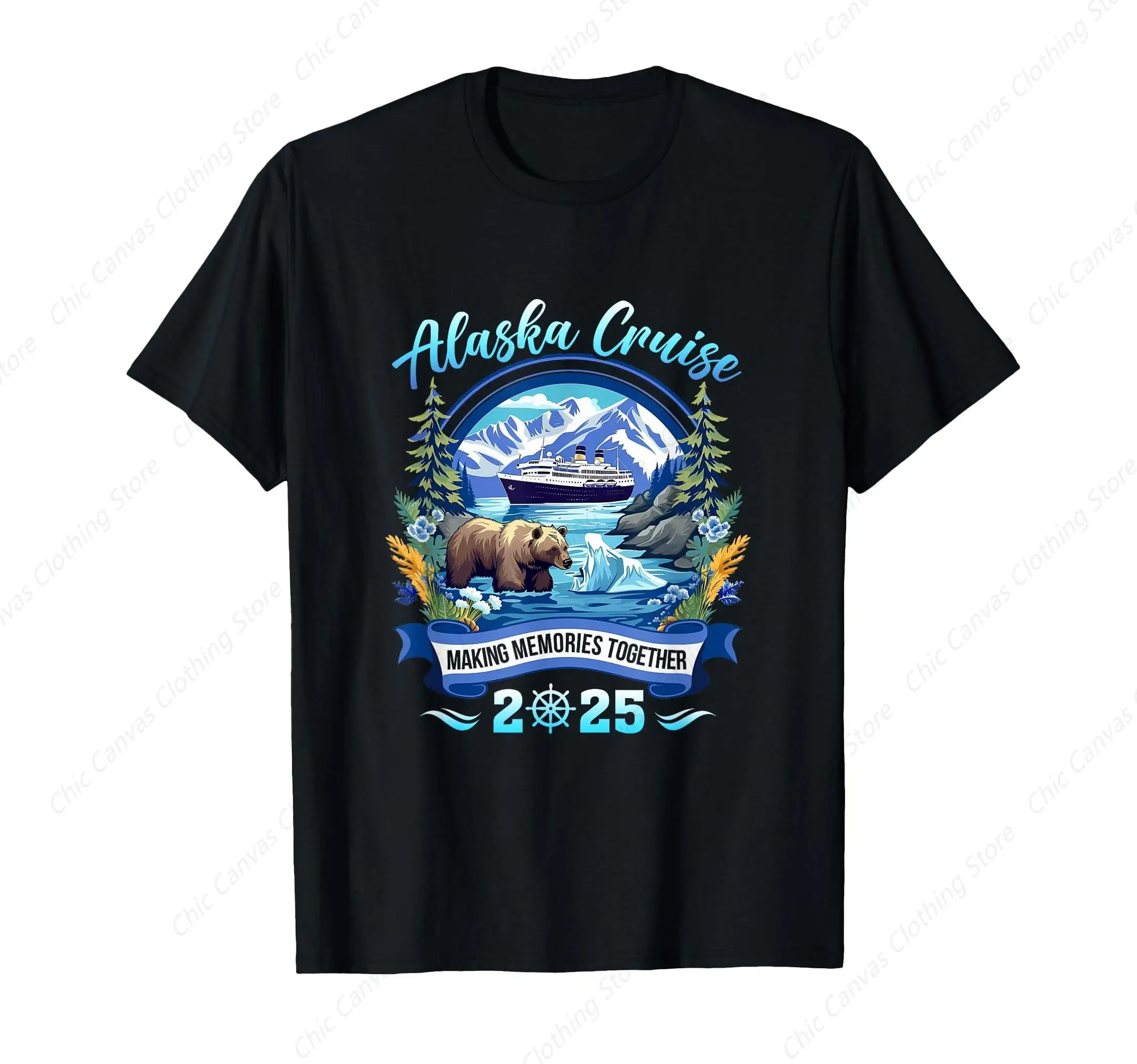 

Match Family, Friends, and Groups Alaska Cruise 2025 T-shirt Black Round Neck Casual Cotton Men's and Women's Short Sleeves
