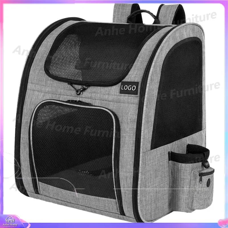 Grey Oxford Pet Carrier Backpack Waterproof Breathable Portable Dog Cat Travel Bag Polyester Lining Zipper Outdoor Hiking Top
