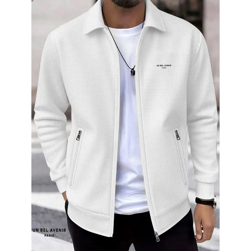 Men's Solid Color Waffle Knit Long Sleeve Zipper Work Jacket，Minimalist line print，Outdoor sports spring and autumn men's jacket