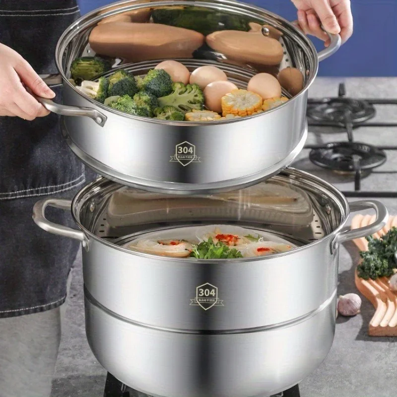 Large-capacity SUS304 stainless steel steamer Three-layer thickened household multi-layer steamer steamed bread steamed fish pot