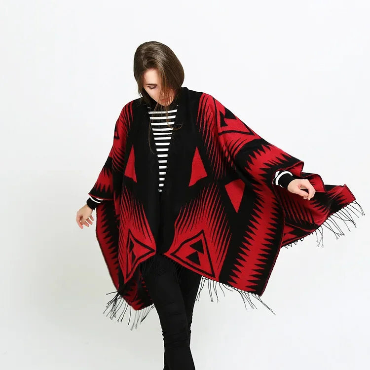 2024 Autumn Winter Scarf Black Red Triangle Women Shawl Imitation Cashmere National Style Fork Thickened Cloak Poncho Capes