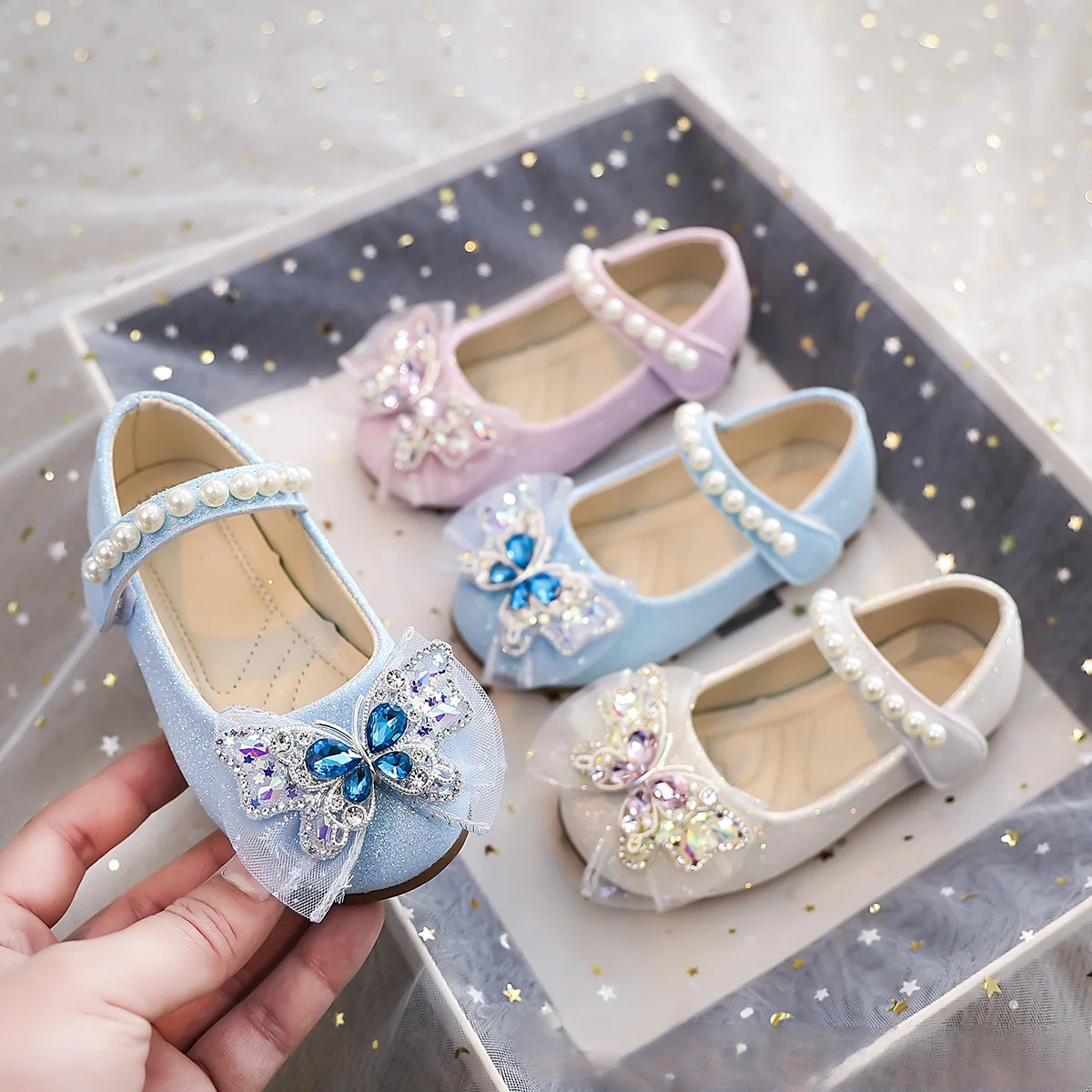 

Детская повседневная обувь из искусственной кожи с бантом и блестками и кристаллами, весенняя обувь для девочек, противоскользящая ​ Туфли на липучке с мягкой подошвой, розовые, синие, размер 21–36
